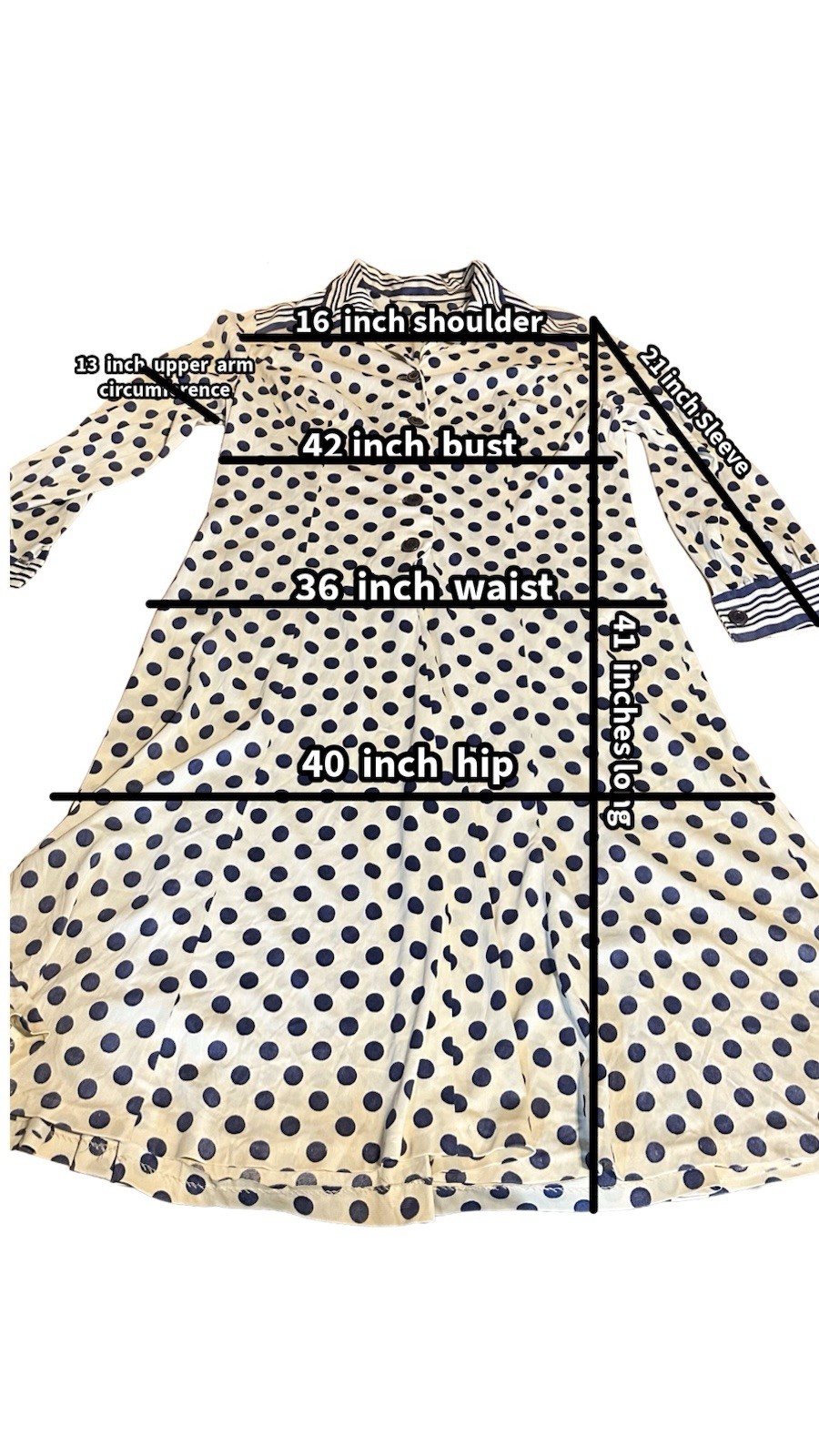 VINTAGE 1980&rsquo;S ARNEL BLUE & WHITE STRIPED & POLK A DOT PRINT SHIRT DRESS SIZE L