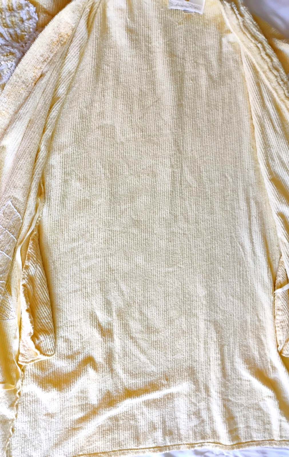 Vintage 70s Stan Herman Yellow Chenille Terry Robe Butterfly Decal Wrap Belt M