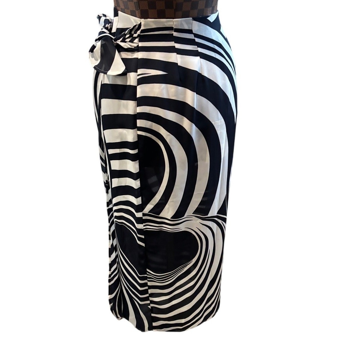 Vtg Judy Hornby Navy Blue White Abstract Wrap Sarong Midi Skirt Size 6 OpArt NEW
