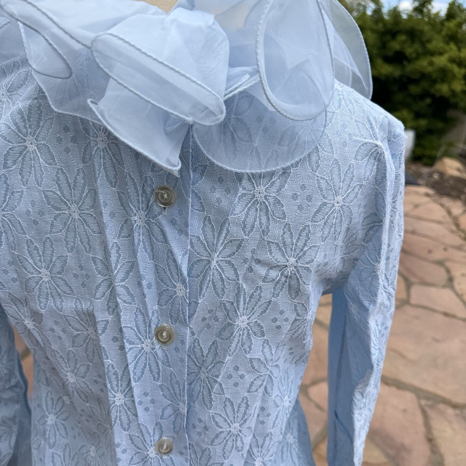 Vtg 70s Powder Blue Lace Eyelet Tuxedo Blouse Dramatic Ruffle Blouse see pics