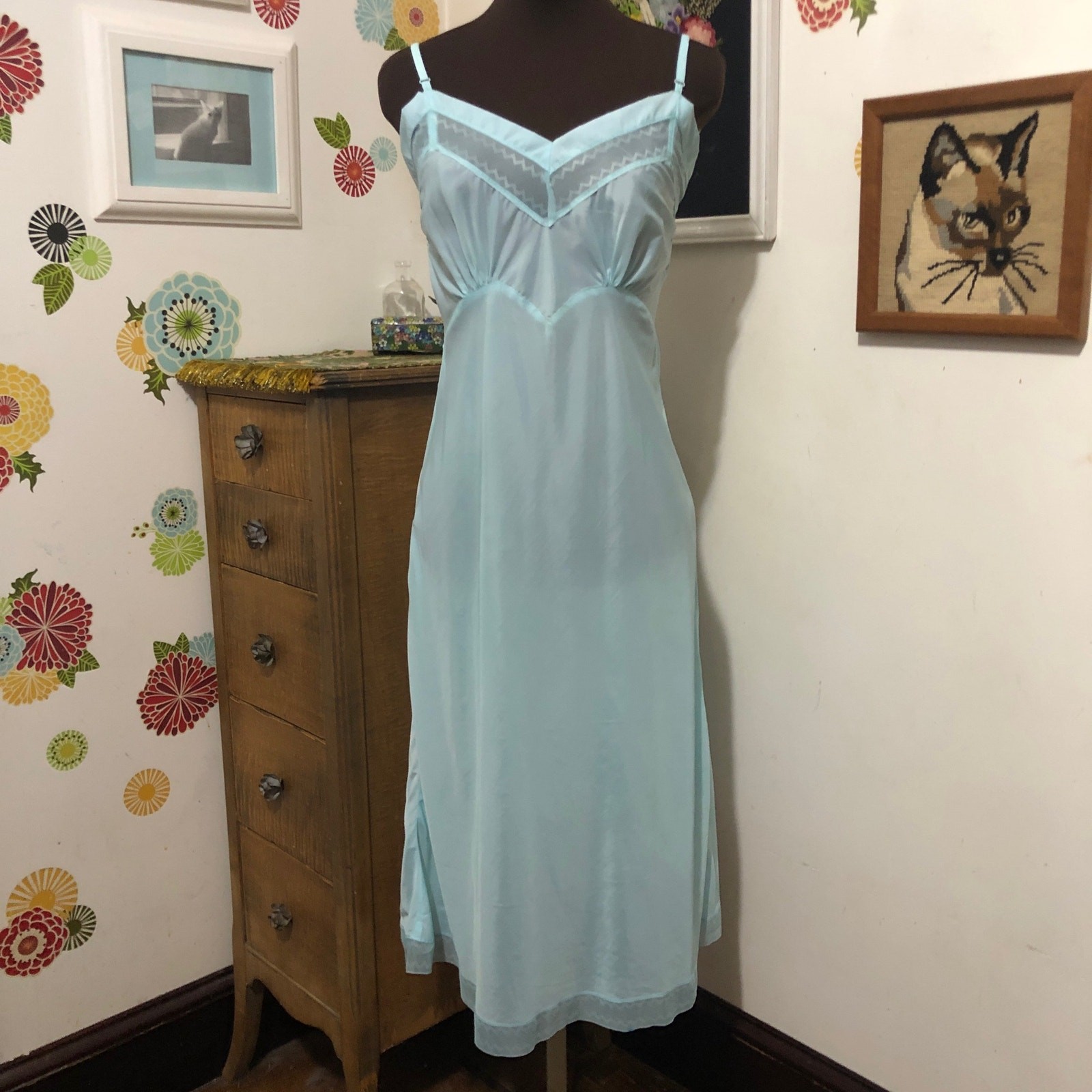 Vintage Aqua Taffeta Slip, 1940s Hand Dyed Swishy Nylon Slip Dress, Sz XS