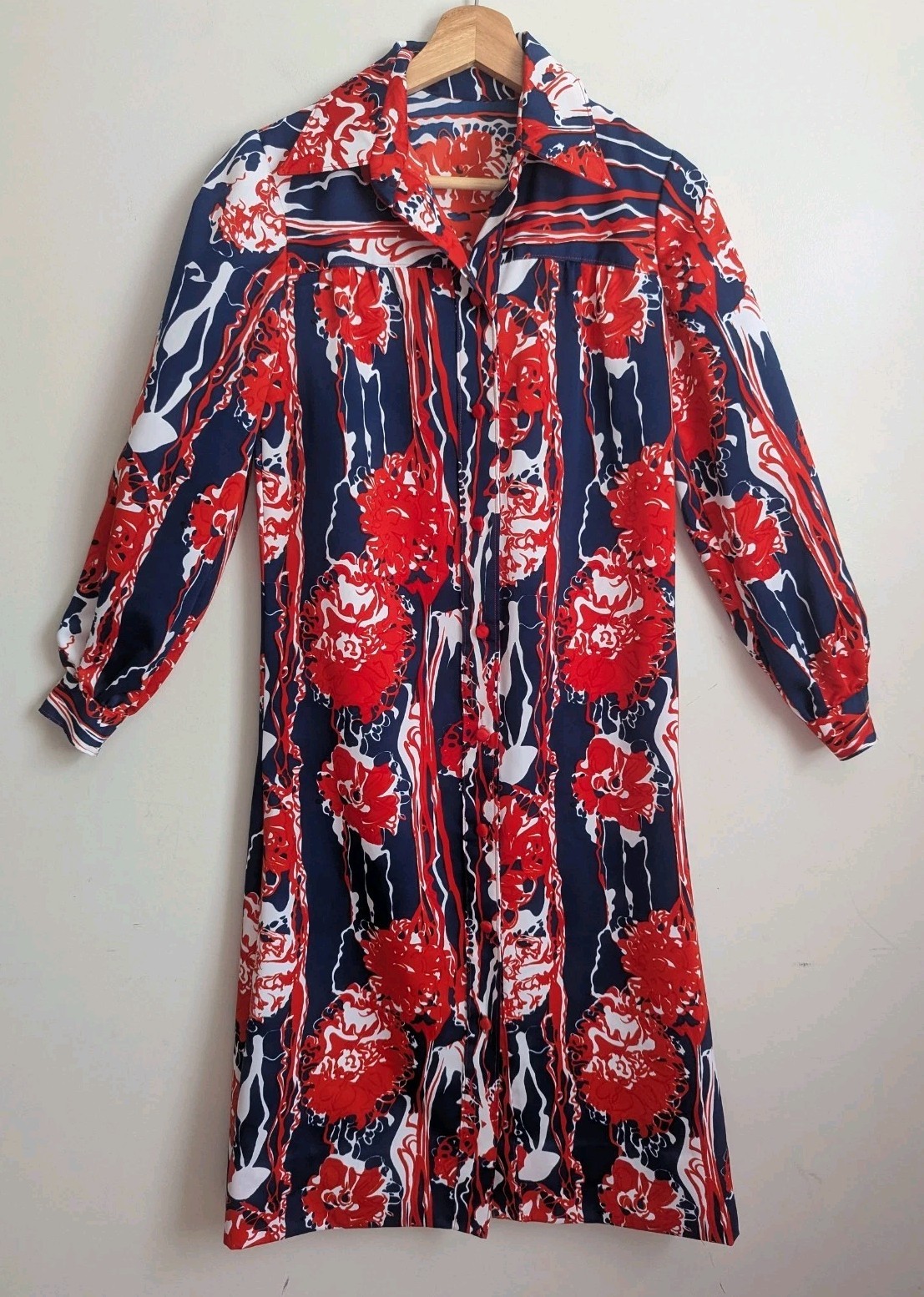 Vtg 1970s Midi Shirt Dress Mod Patriotic Floral Red White Blue Big Collar S XS