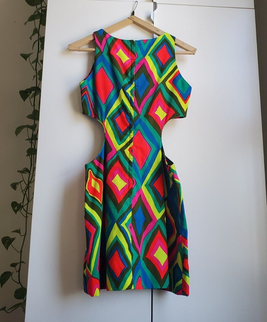 Vintage 60s PSYCHEDELIC Cutout Cotton Geometric Mini MOD GO-GO Beach Sun Dress S