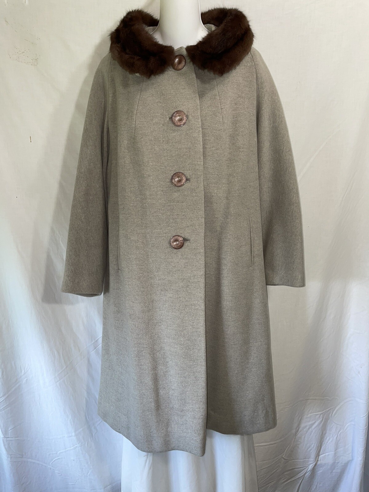 Vintage Coat Medium Large Long Gray Faux Fur Trim Overcoat Evening Jacket 50s