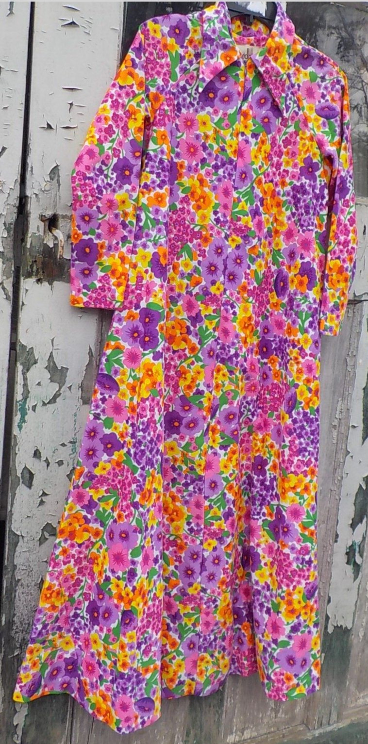 Vintage David Brown California Caftan House Lounge Maxi Dress COLORFUL FLOWERS p