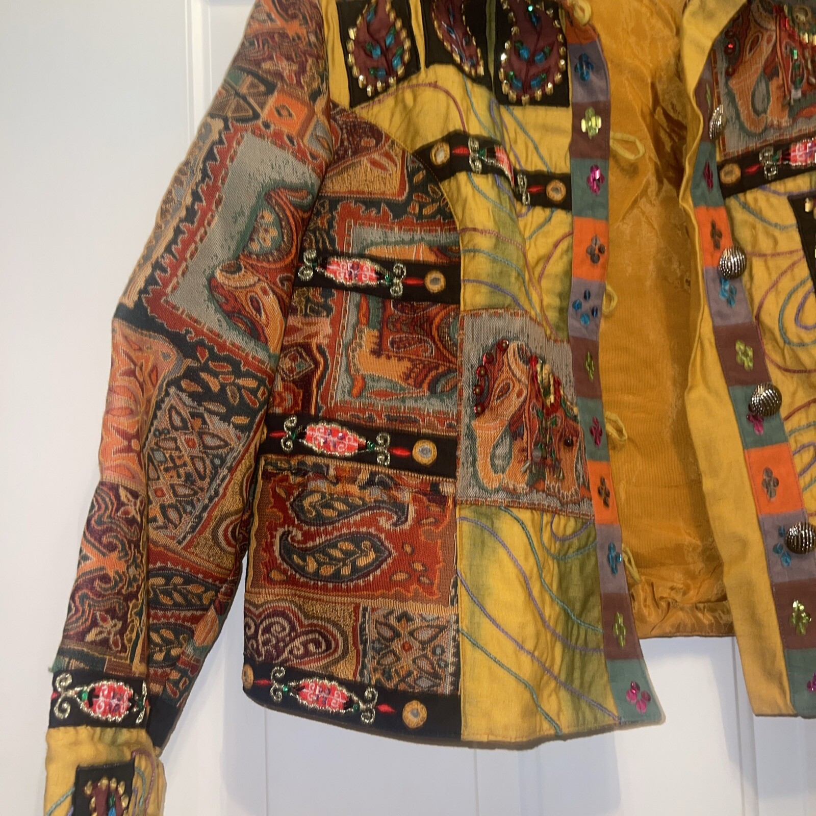 Anage Art To Wear Silk Applique Jacket L Sequined Paisley Boho Festival Vtg