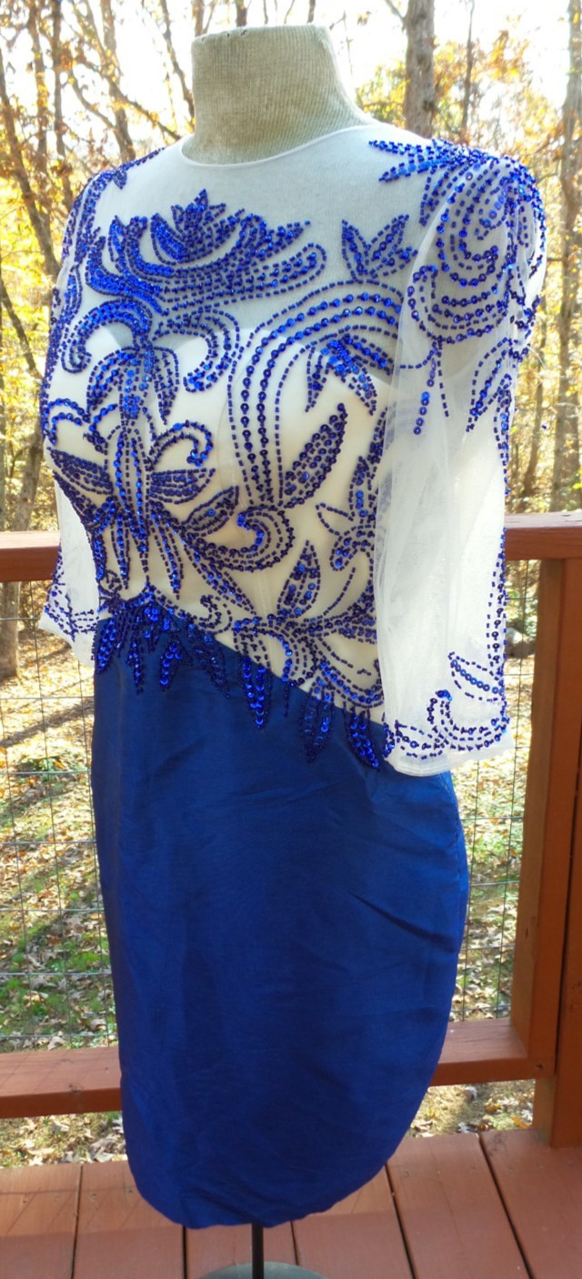 Vintage GARDENIA Blue Sequin Beaded Formal Cocktail Party Dress M/L
