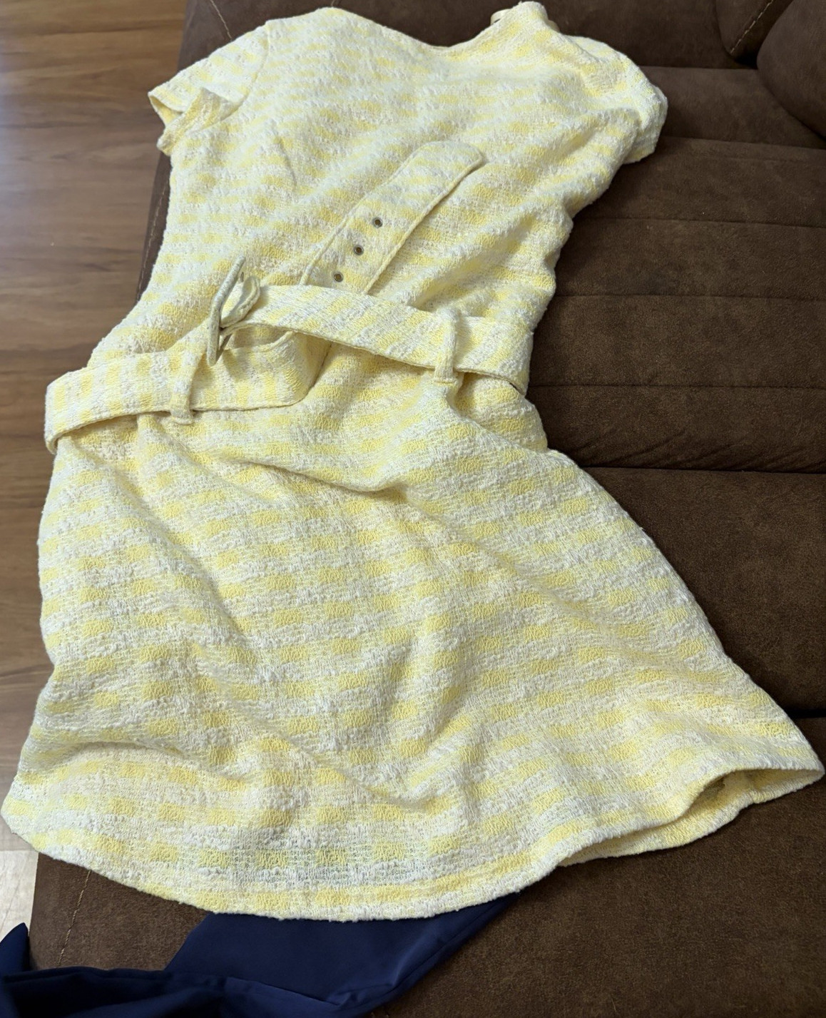 Vintage Yellow White Belted Women&rsquo;s Dress Retro Style Regular Size Short Sleeve