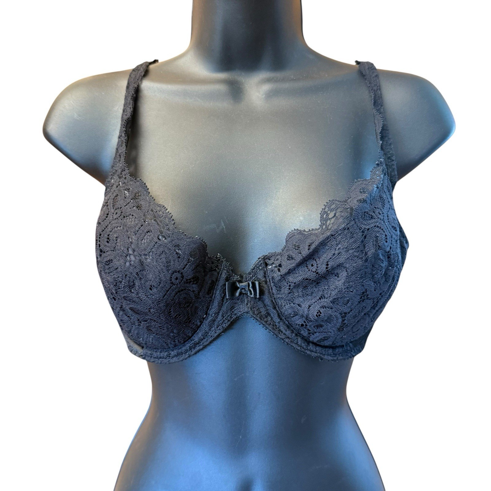 Vintage Wonderbra 38B Bra Black Lace Satin Shiny Second Skin Push Up Padded
