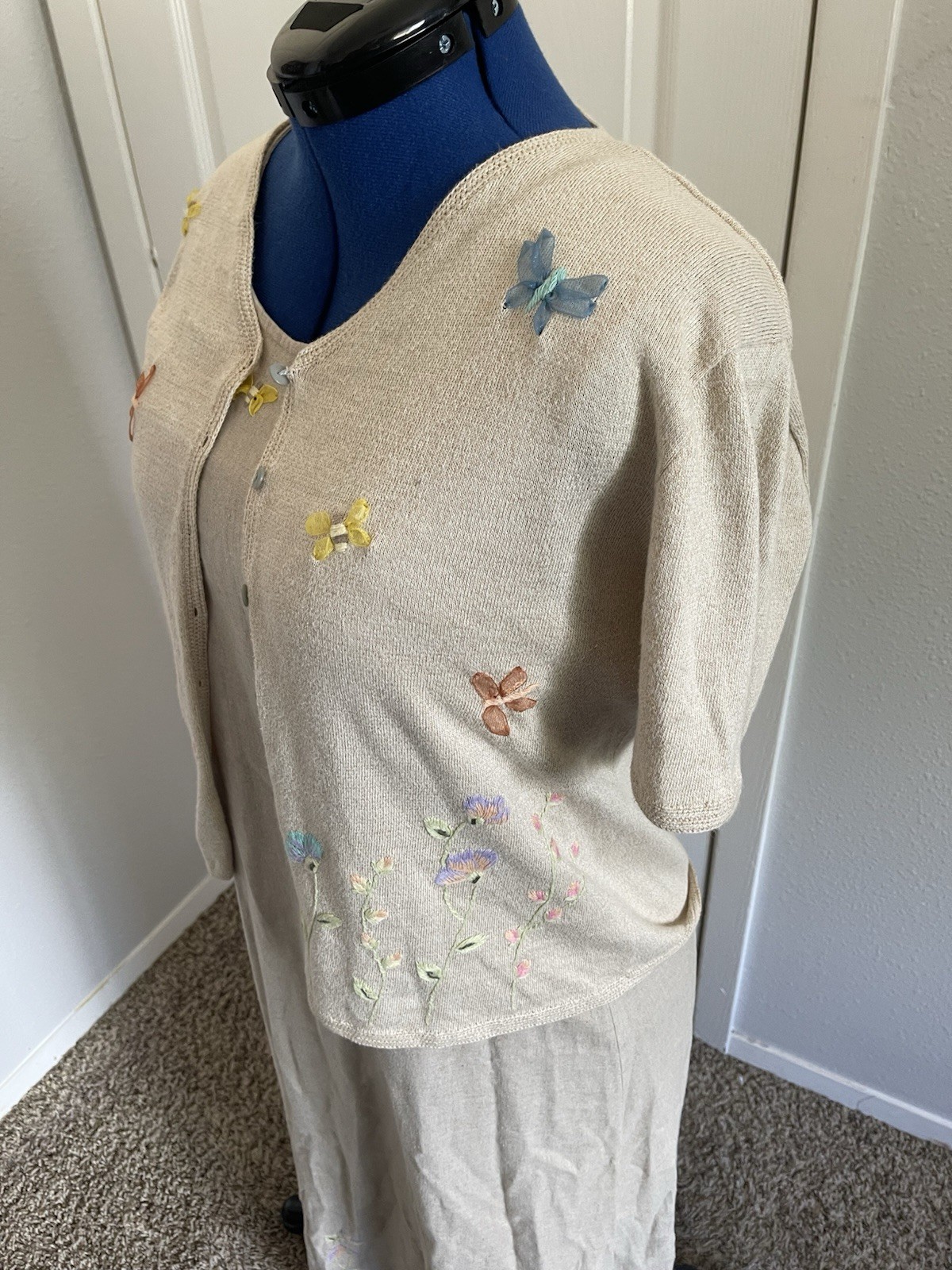 1990s/2000s Christopher and Banks Cardigan and Dress Embroidered Flowers, Bugs