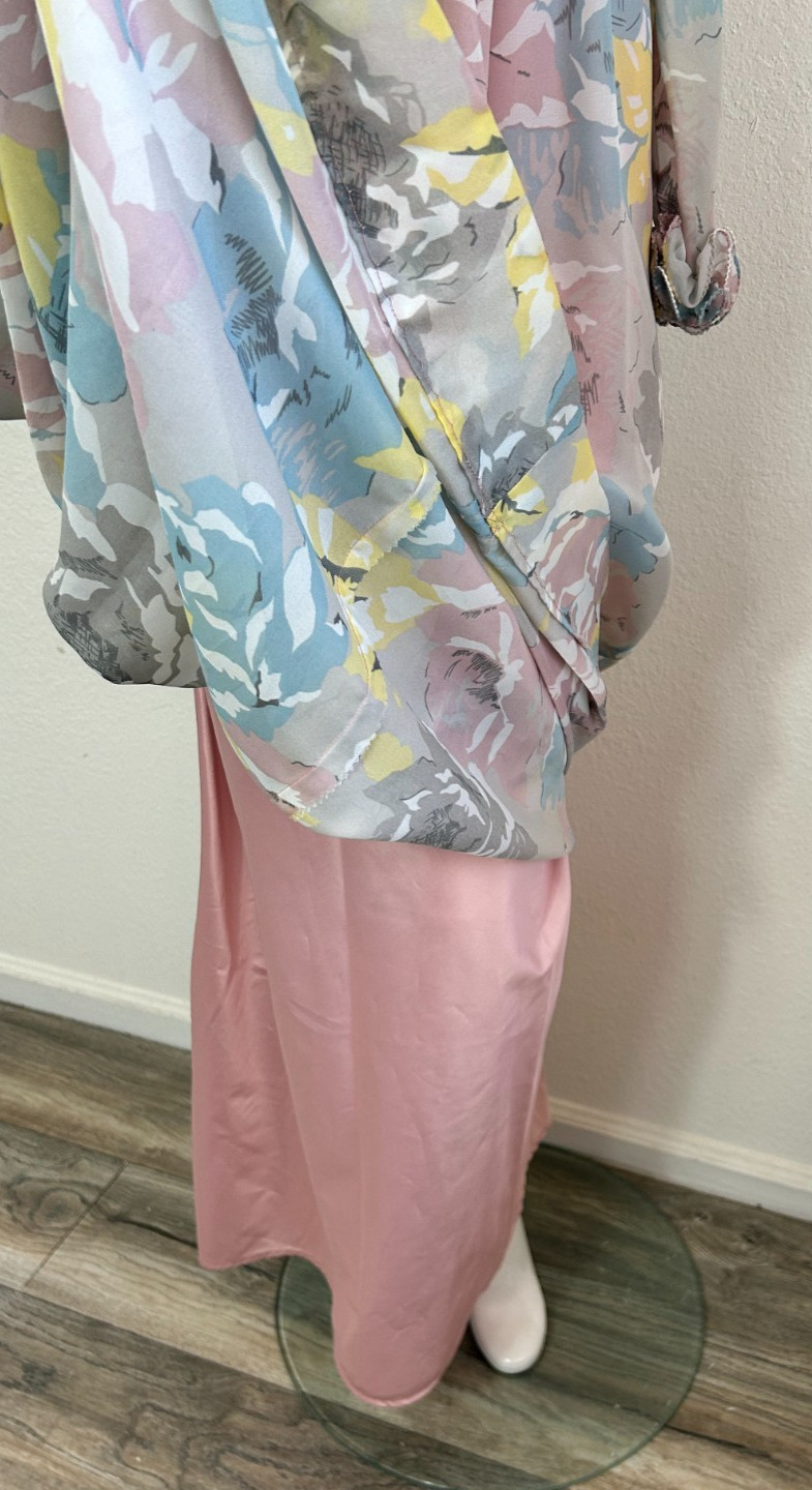 70s Floral Chiffon Hostess Dress Size Large Maxi ButtonUp Pleat Ruffle HighNeck