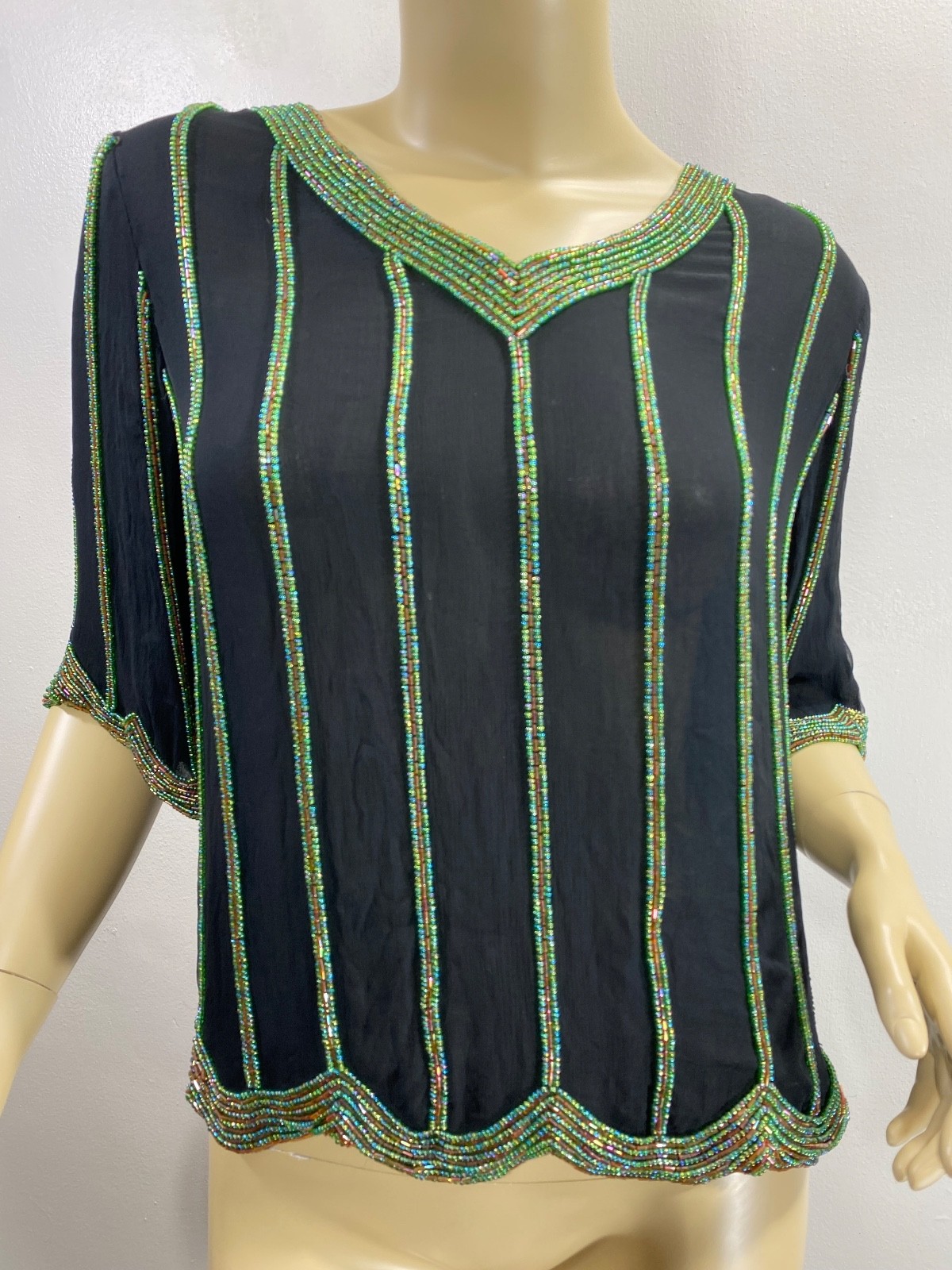 VTG 70s Nieman Marcus Judith Ann Creations SM 100% Silk Beaded Top Deco Gatsby