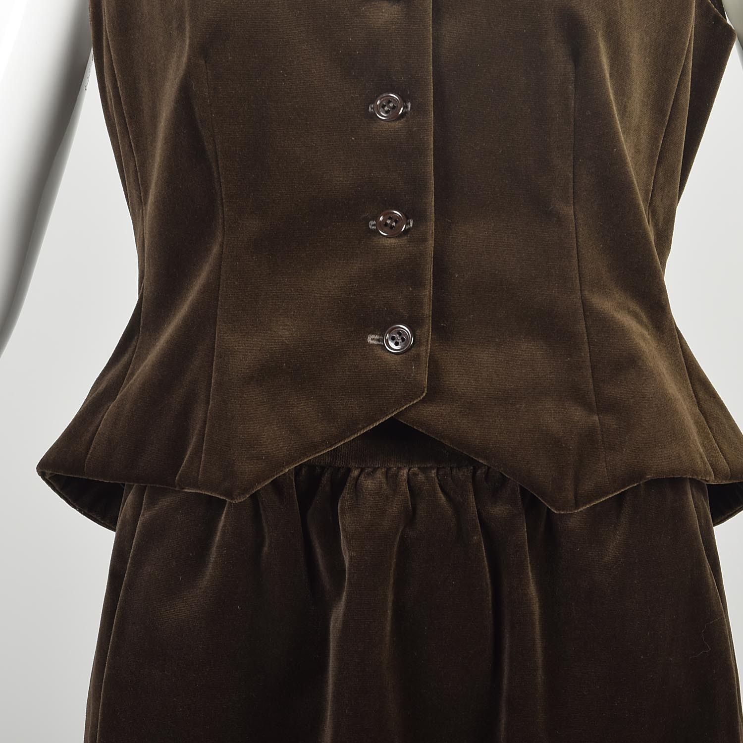 Small 1970s Halston Brown Velvet Two Piece Set Vest and Skirt Button Up Vest