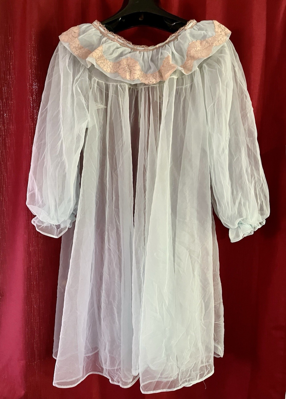 Lisette Medium Light Blue Sheer Chiffon Peignoir Baby Doll Robe Beige Lace Trim