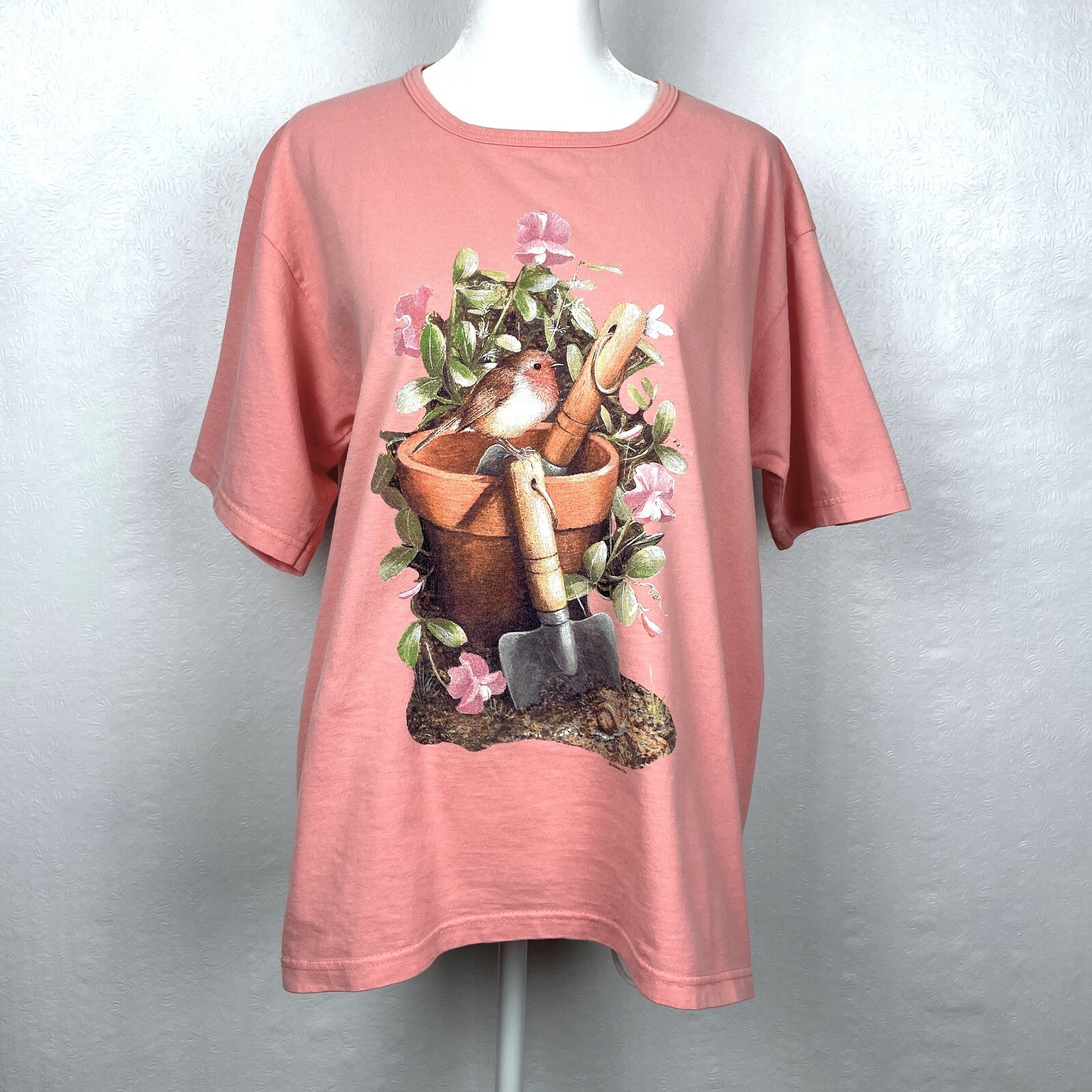 Vintage 90s Anvil Women Human-I-tees Gardening Bird Flower Sz L USA Made