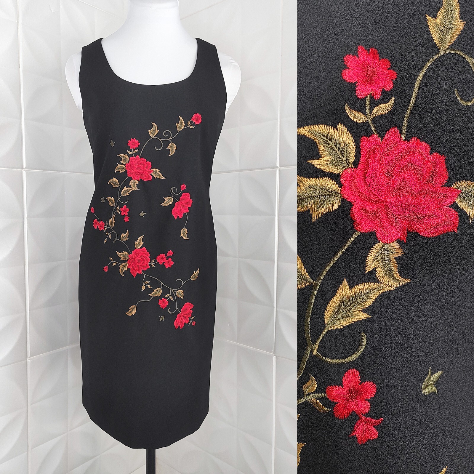 Vintage 90s Black Floral Dress Sheath Embroidered Whimsy Goth Jessica Howard M