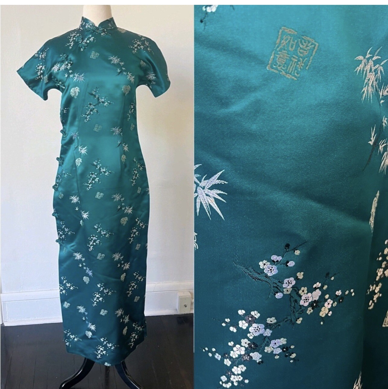 Vintage Cheongsam Forest Green Satin Maxi Dress 1960’s Oriental Satin Dress