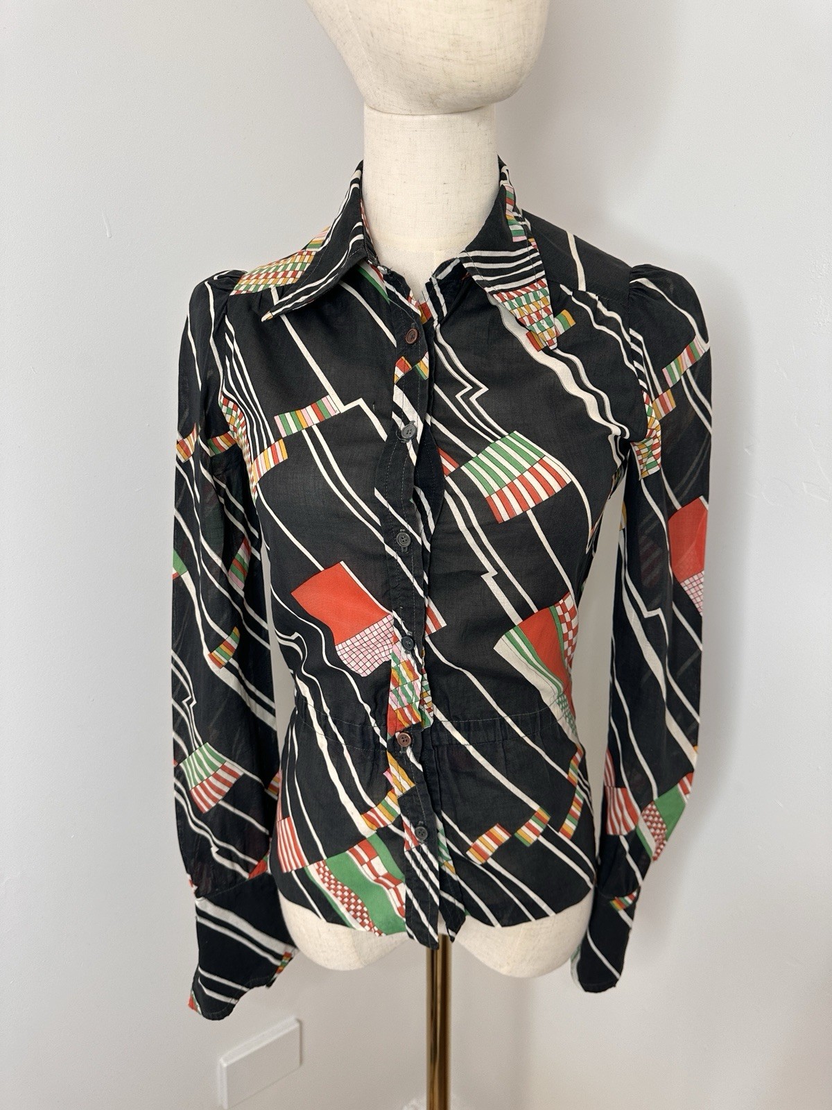 Prue Acton Gorgeous Vintage 70’s Bold Colourful Sheer Blouse Size AU 6 – 8 XS