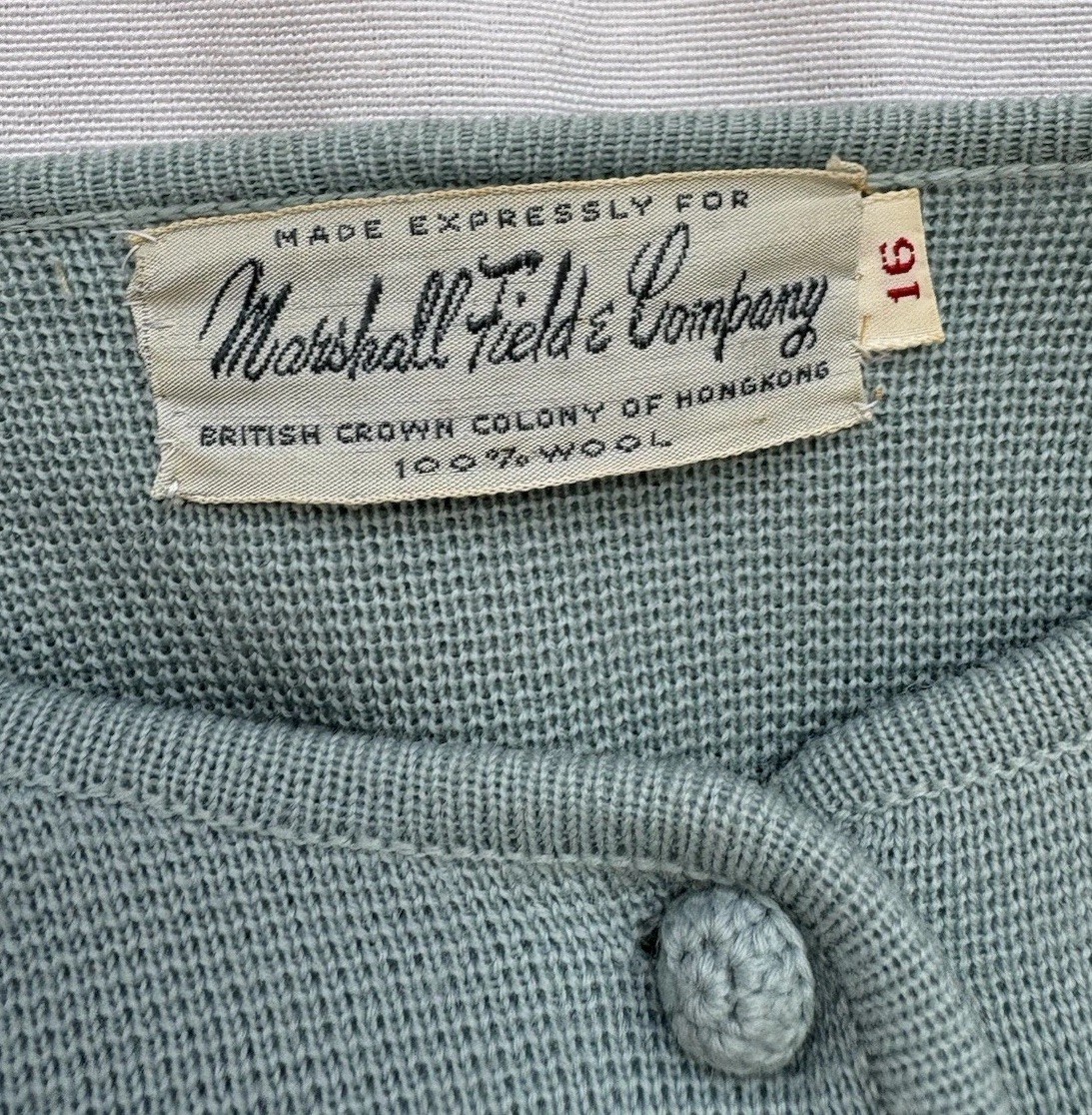 VTG Marshall Fields Skirt Suit Set Womens Large Powder Blue Wool Beaded Pearls