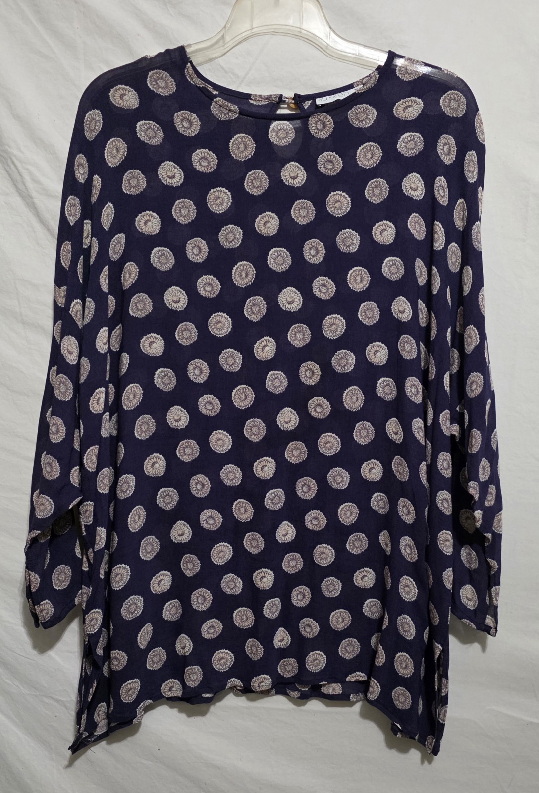 SU-ZEN OS Top Tunic Navy Floral Dots Pullover Semi-Sheer &rsquo;90s Art To Wear Boho