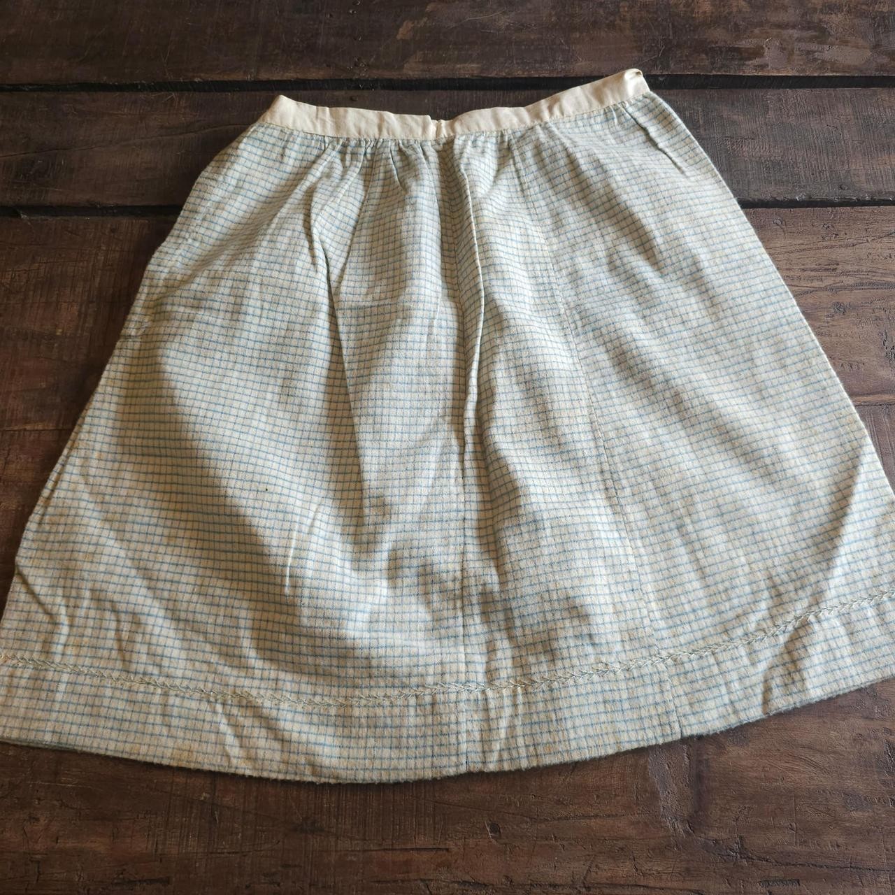Homespun Wool Creme & Blue Grid Pattern Antique Edwardian 1910s 1920s Skirt