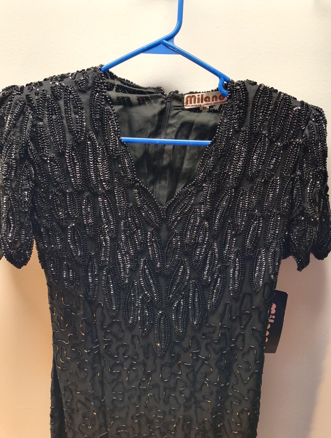 Vintage 1980s Milano Black Sequin Beaded Dress Womens M NWT Party Glam