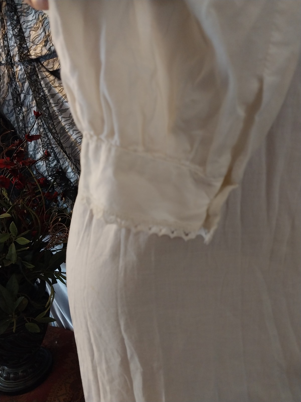 Vtg COTTON GAUZE MAXI ETHEL CAIN STYLE ESQUE PRAIRIE DRESS CROCHET LACE PIN TUCK