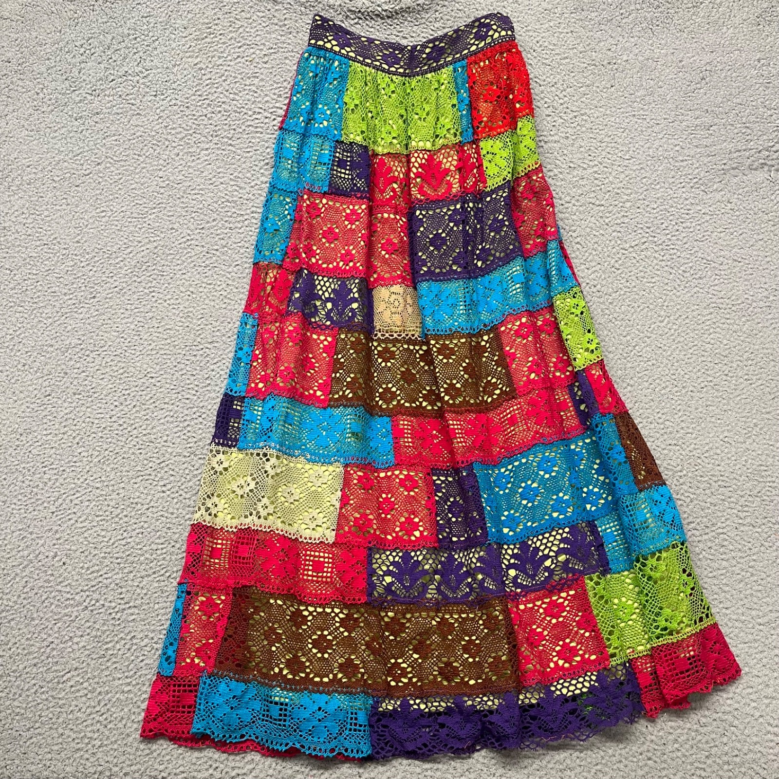 Vtg Tachi Castillo Skirt Womens 14 Colorful Patchwork Mexico Folk Art Crochet