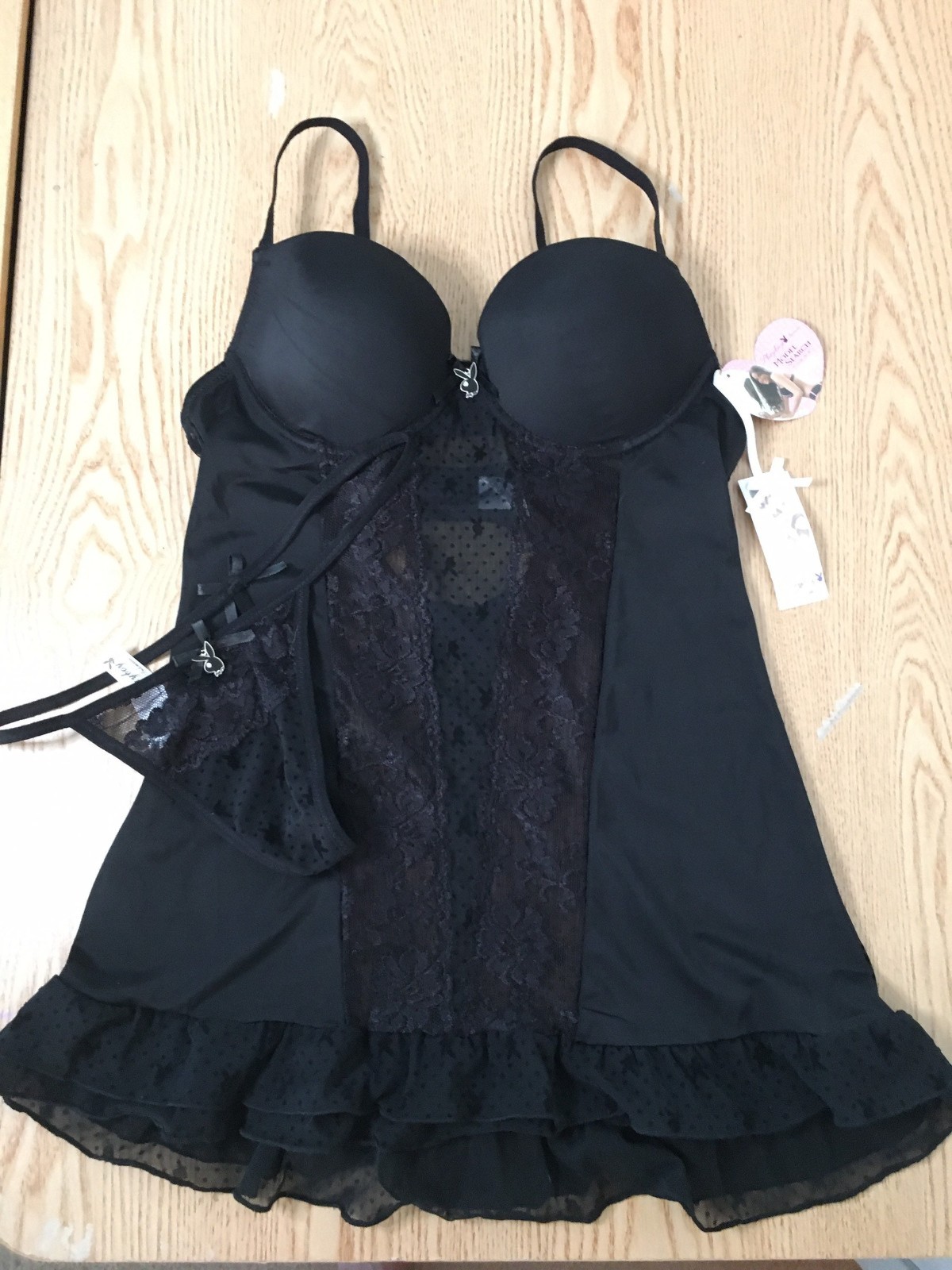 New Women’s 2Pc Sexy Playboy Babydoll Teddy Thong Sheer Underwired Padded Small
