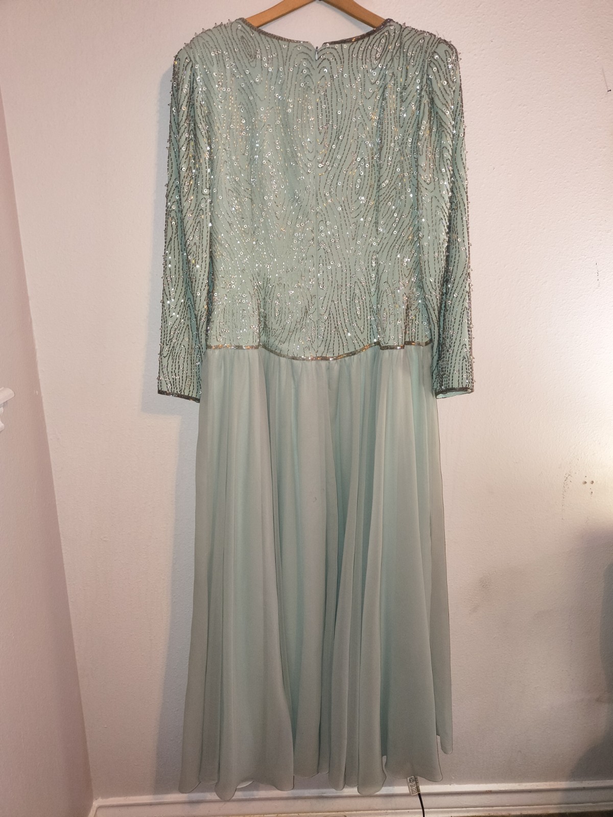 Vintage Jack Bryan Mint Green Beaded Sequin Chiffon Maxi Gown Size L/XL 14 16