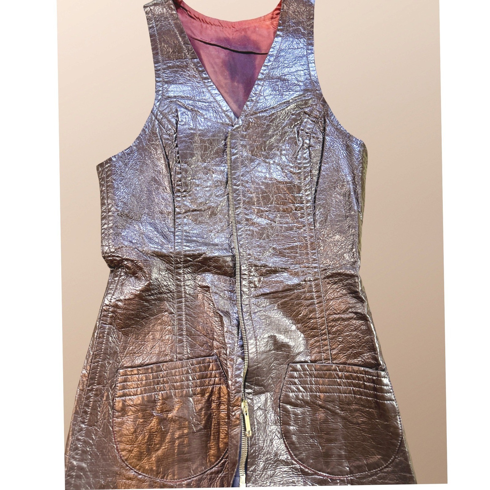 Four Corners Vintage 80s Metallic Bronze Zip Front Mini Dress XS S