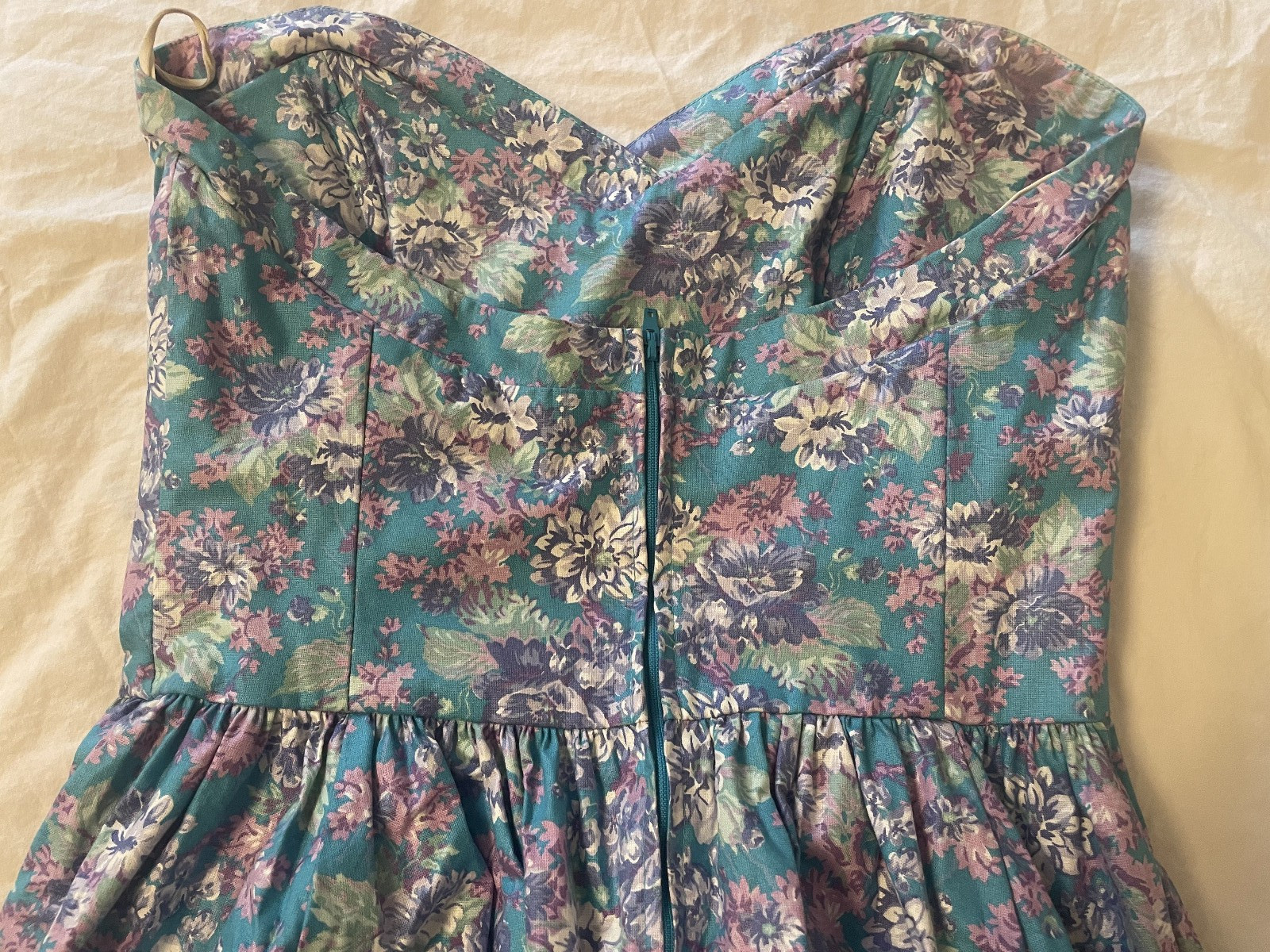 Laura Ashley Vintage 90s Floral Strapless Dress Aqua Purple US Sz 10 runs small