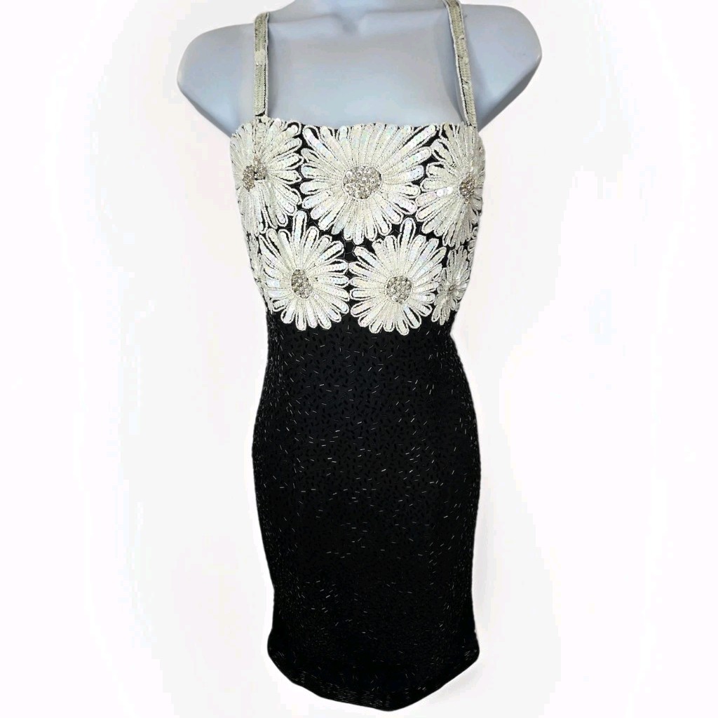 VTG Frank Usher Heavy Beaded & Sequinned 100% Silk Dress Size S 80s 90s Floral