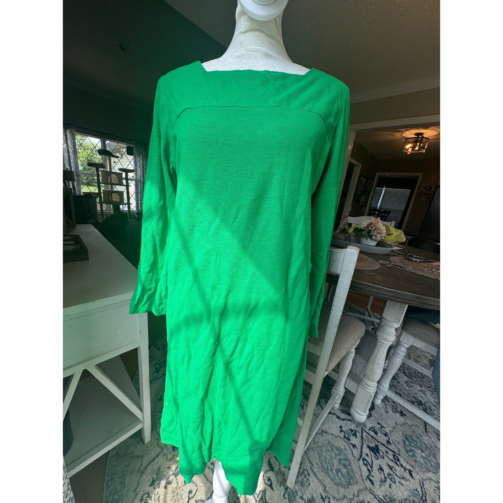 VTG 60s Sears Fashions Kelly Green Shift Dress Knit Boat Neck Mod Mini Dress M⁠