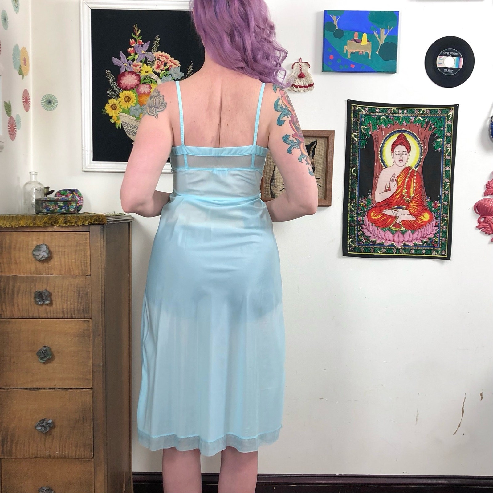Vintage Aqua Taffeta Slip, 1940s Hand Dyed Swishy Nylon Slip Dress, Sz XS