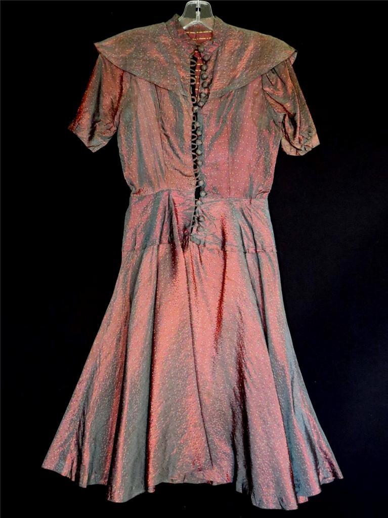 RARE VINTAGE FRENCH WWII ERA 1940&rsquo;S DESIGNER SILK TAFFETA BROCADE DRESS SIZE 4