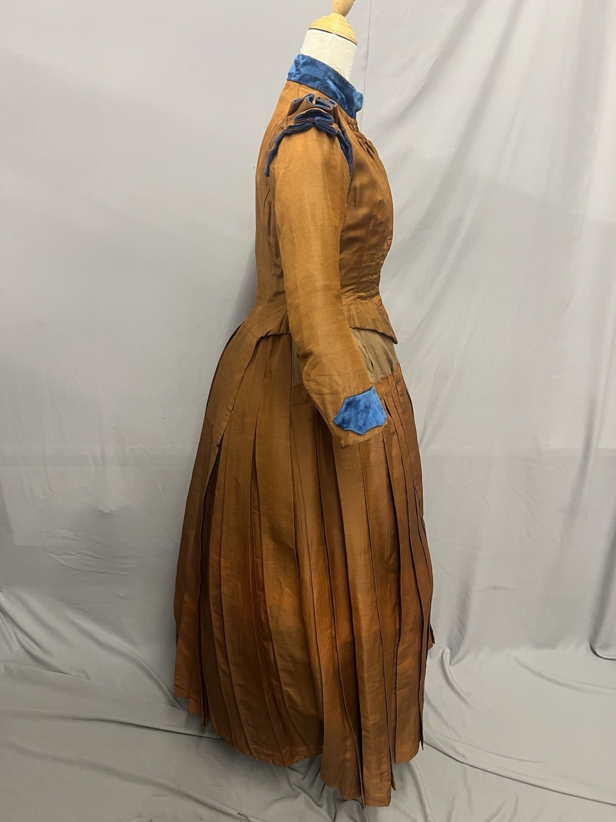 1870’s Copper Silk & Turquoise Velvet Bustle Day Dress
