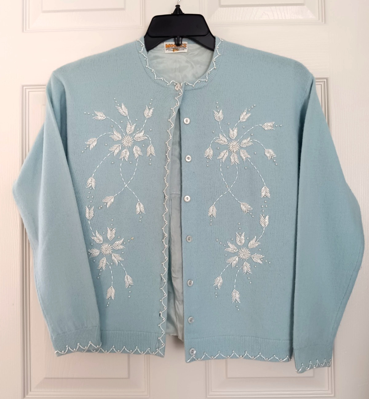 Vintage Moores Cashmere Cardigan Beaded Embroidered Powder Blue Pearl Trim Sweat