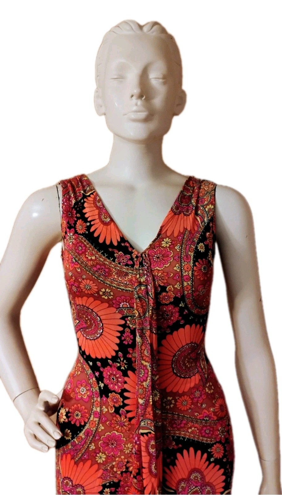 VTG 1960&rsquo;s « ILGWU » Orange/Hot Pink/Yellow/Black Floral Paisley Maxi Dress