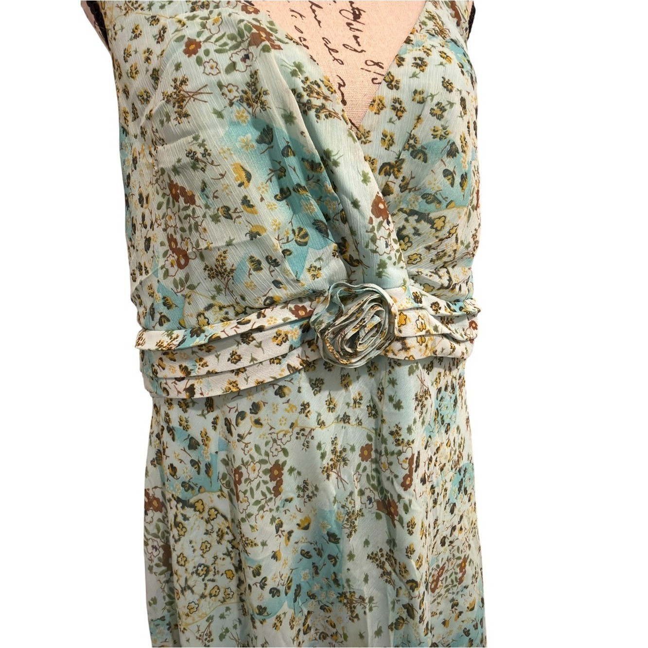 Vtg boho fairy Floral blue green pleated waist Midi Double Ruffle dress