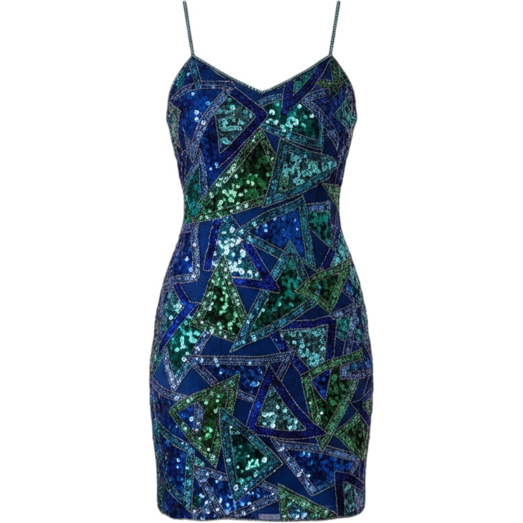 Vintage Joan Leslie Studio Sequin Beaded Mini Dress Blue Green Cocktail Party