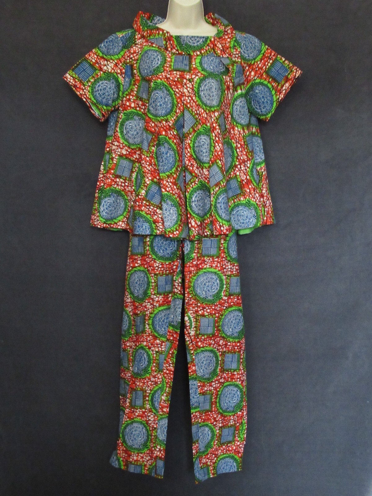 Vintage 60&rsquo;s Retro Ghana Wax Africa Red Navy Green Baby Doll Top Pants Set XL