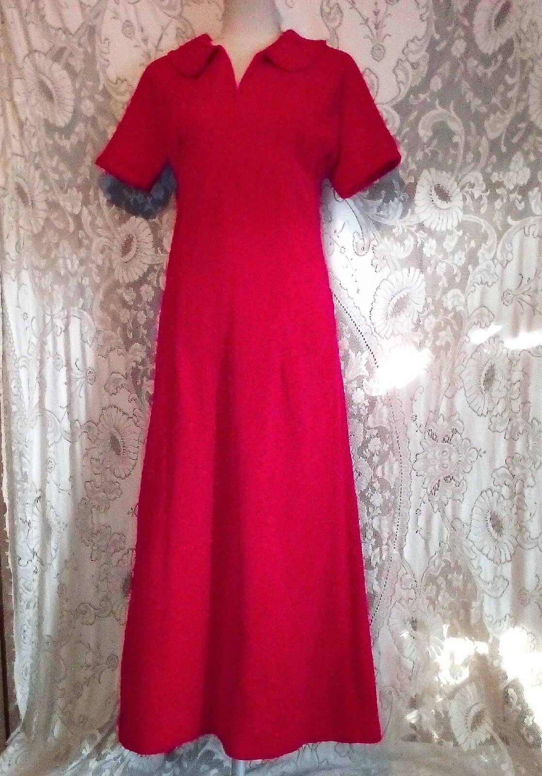 VTG 60s Empire Waist Bright Red Soft Cotton Fitted Maxi Velvet Dress S