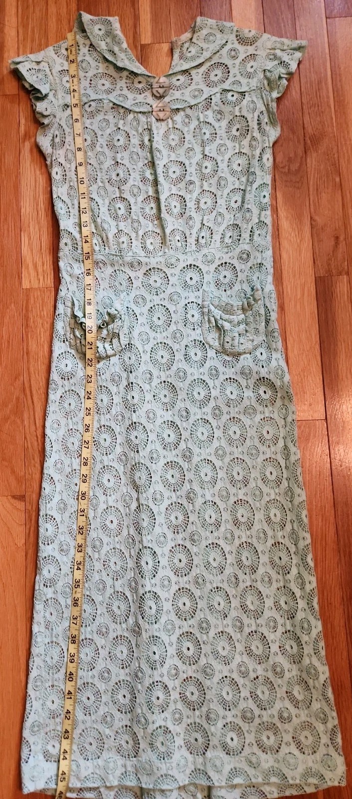 1930s Aqua Cotton Crochet Lace Dress with Cap Sleeves and Pockets XS