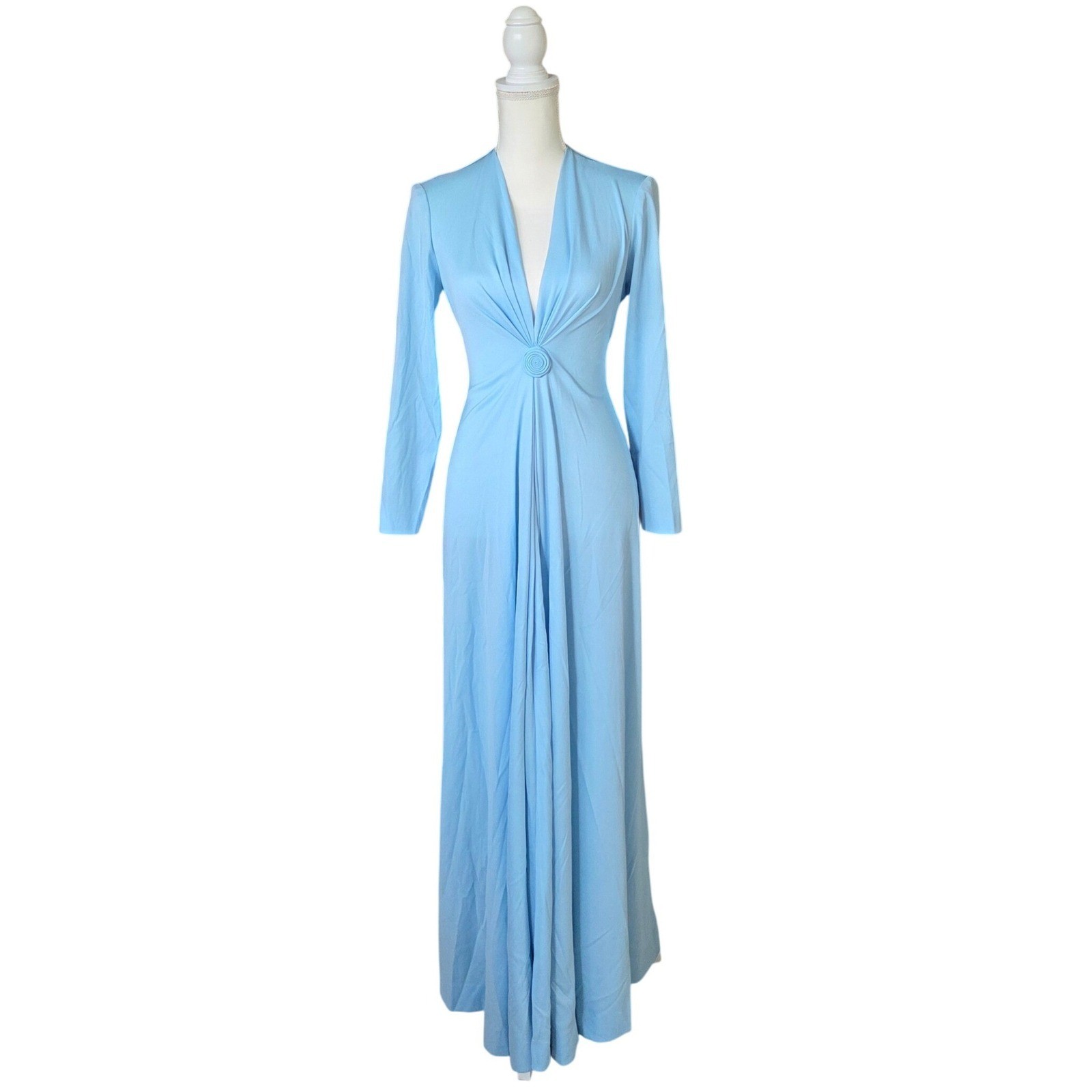 VTG 70s Felix Arbeo B Altman Blue Twist Maxi Dress Disco Goddess Gown Plunge