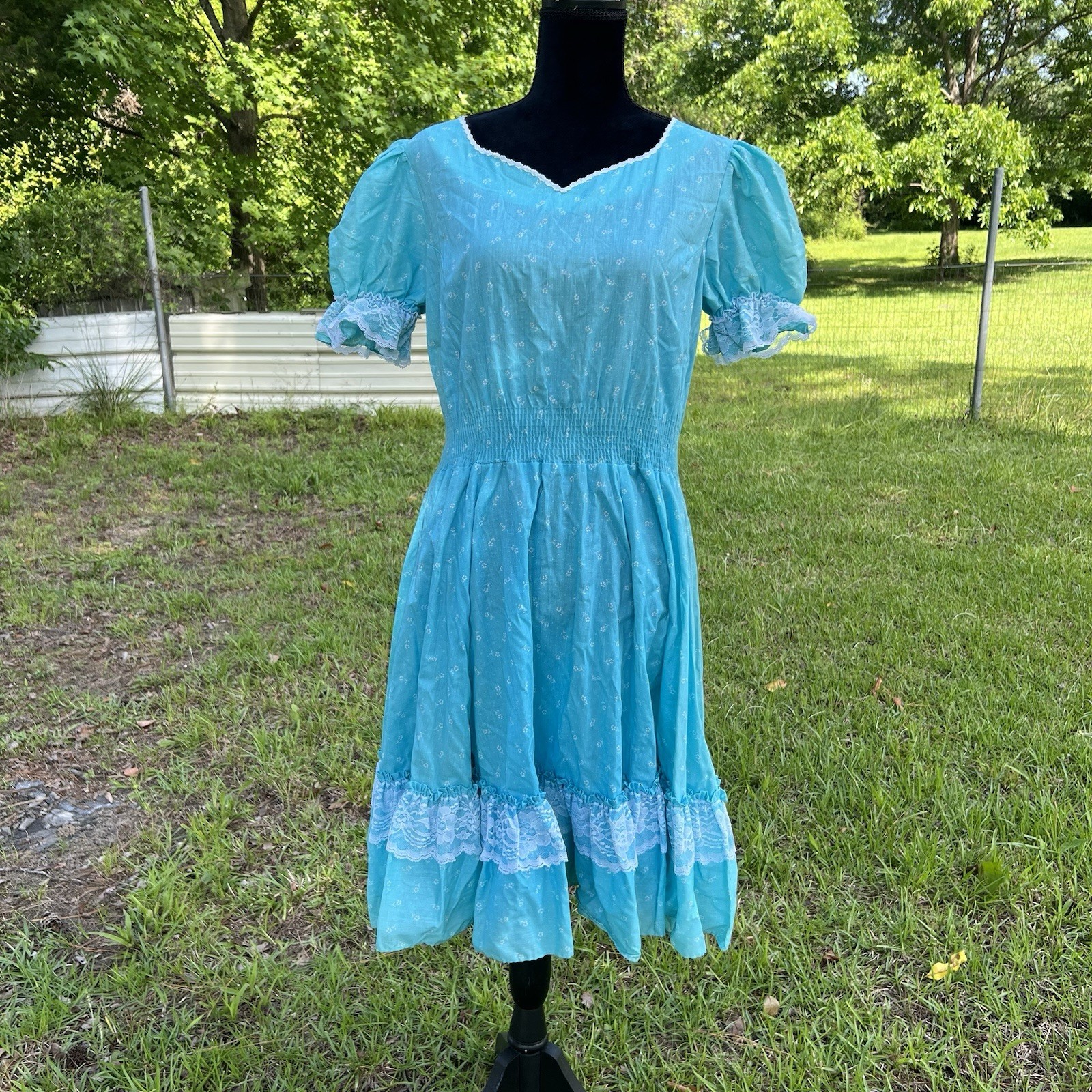 Vintage Partners Please Malco Modes Square Dance Dress Floral Blue Lace Size 14