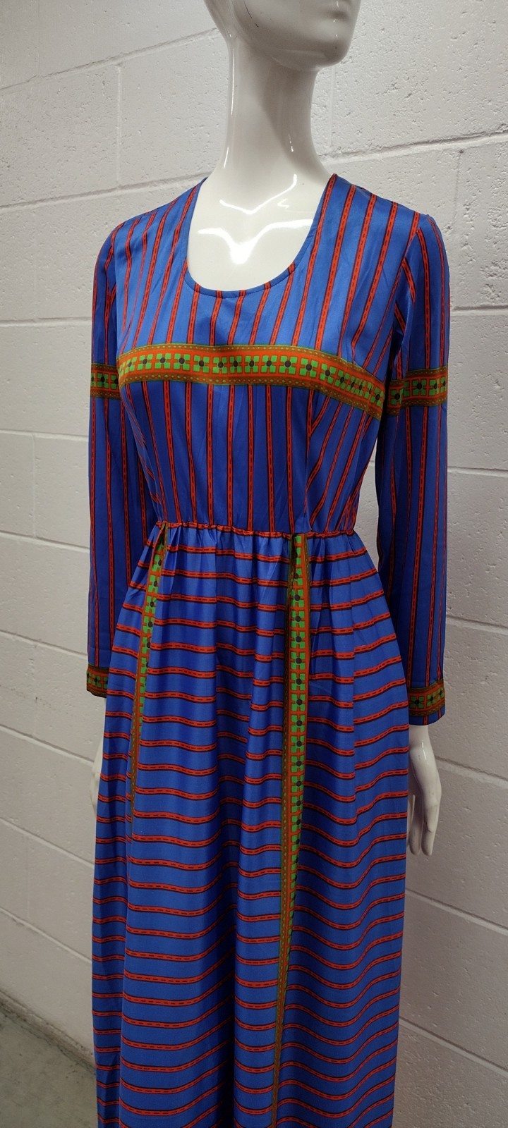 60S 70s Geometric Maxi Dress Blue Multicolor Designer SAKS Leonard Tuttman Small
