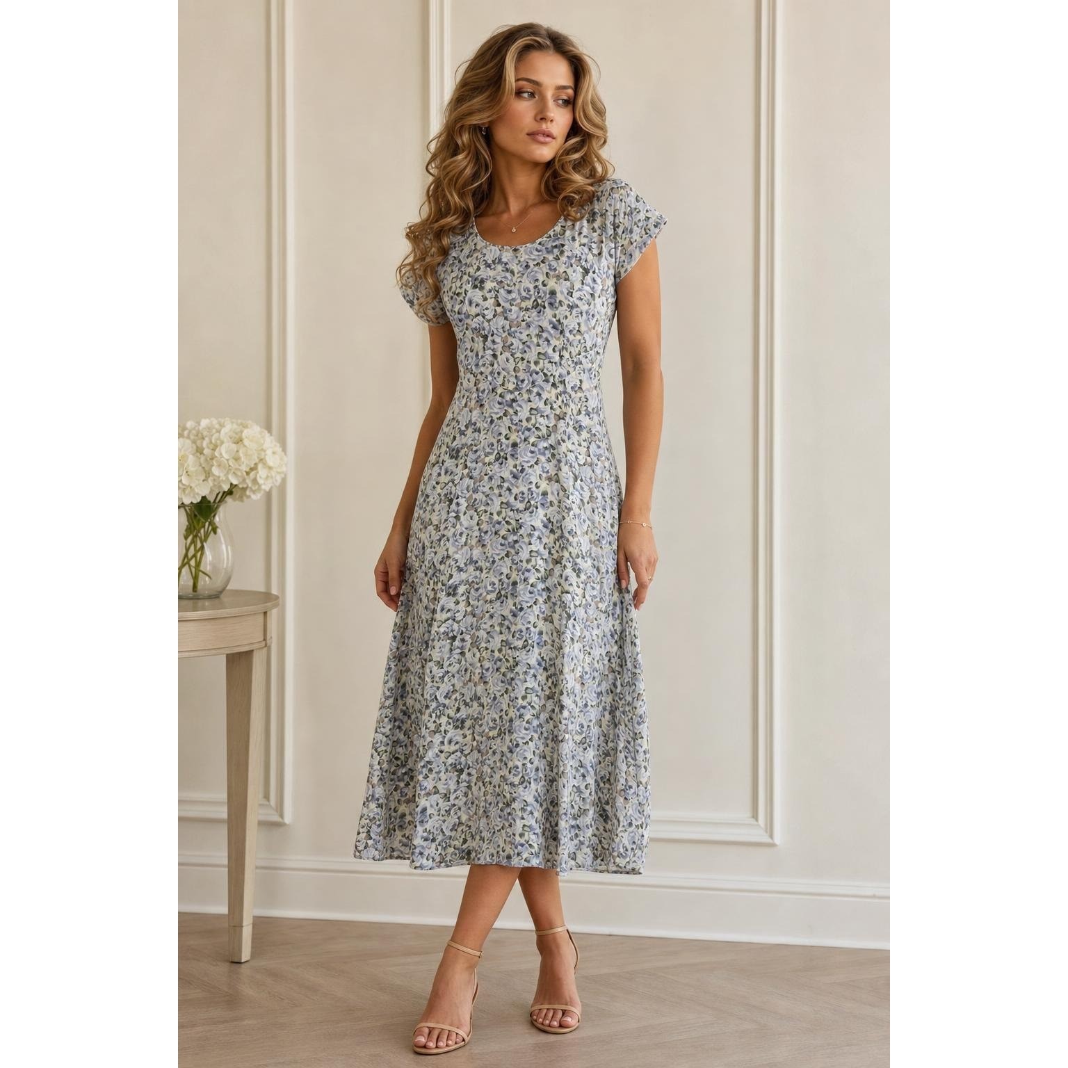 Vintage Floral Dress Womens S Blue Vintage 90s Cottagecore Boho Romantic Midi