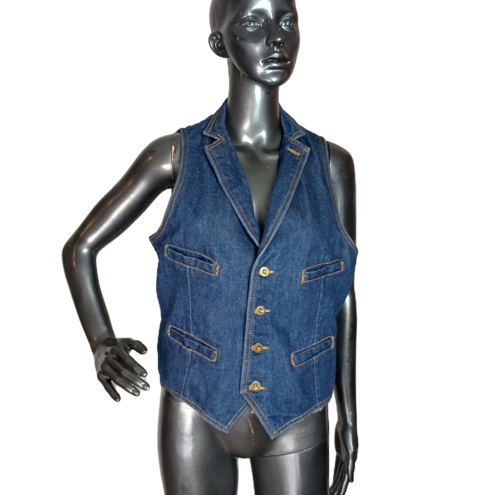 Vtg 1970&rsquo;s Women&rsquo;s Brittania Dark Blue Denim 4 Pocket Button-up Suit Vest Size M