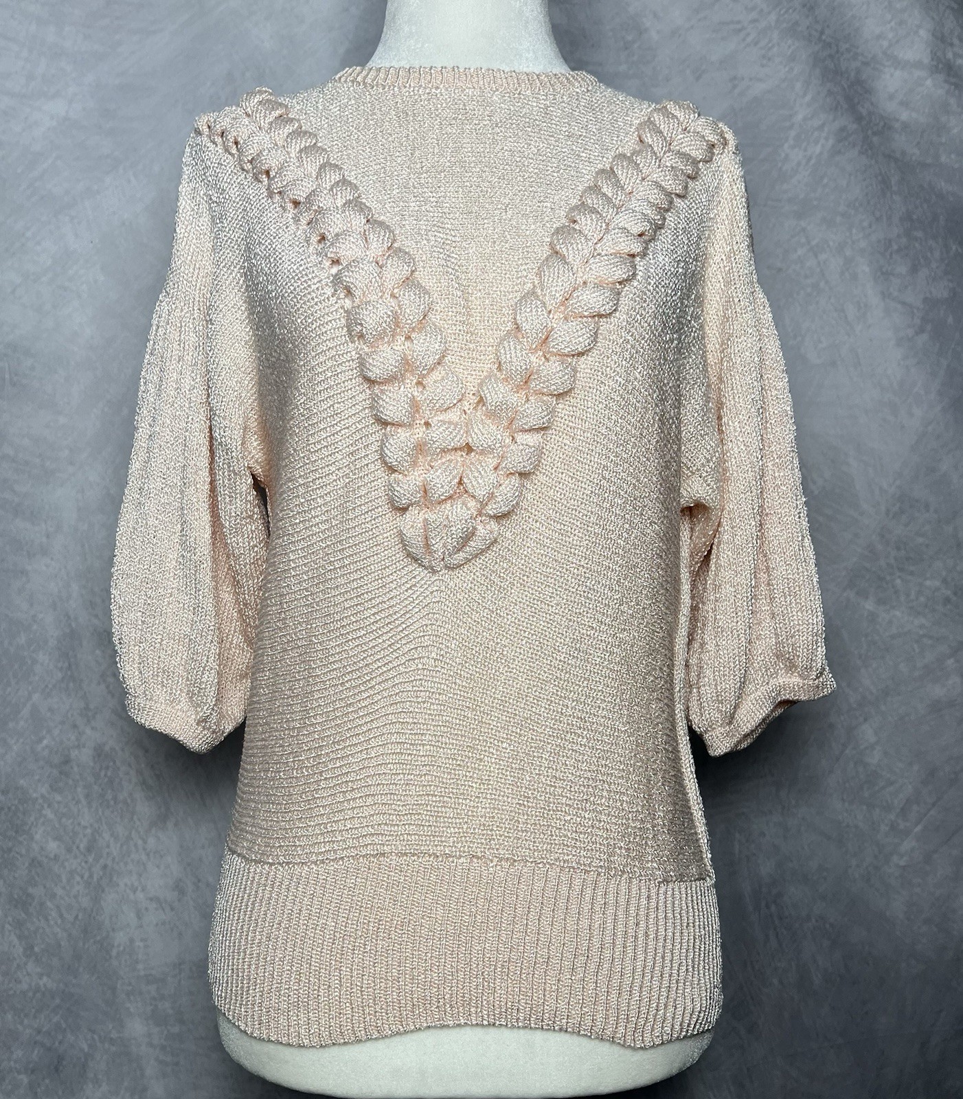 Vintage 1980s Lolly Garrett Original Blush Pink Knit Sweater Top Braided Detail